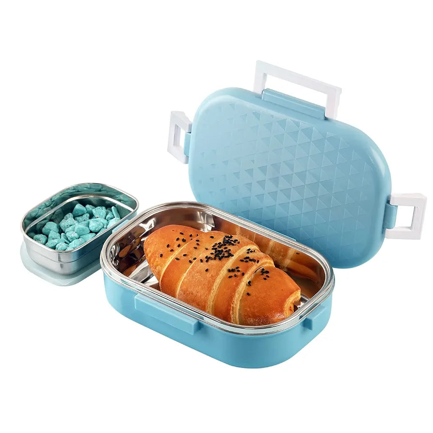 CELLO Altro Neo Lunch Box, Neo Blue, 700ml, 2 Container Lunch Box for Kids | Steel Insulated Lunch Box with Veg Box | Leak-Proof Air Tight Container Tiffin Box for Kids | Ideal for School & Picnic
